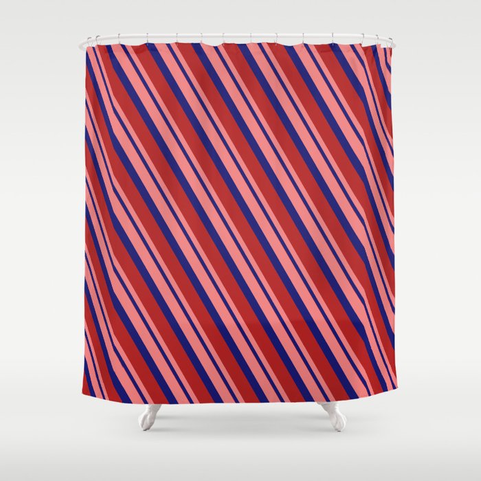 Light Coral, Midnight Blue, and Red Colored Stripes/Lines Pattern Shower Curtain