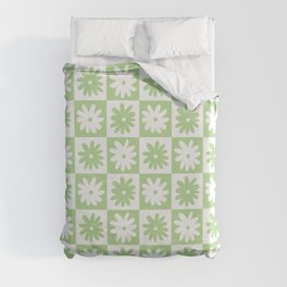 Green And White Checkered Flower Pattern Duvet Cover