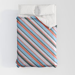 [ Thumbnail: Red, Light Sky Blue, Dark Slate Gray, and Lavender Colored Pattern of Stripes Comforter ]