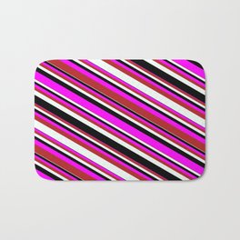 [ Thumbnail: Fuchsia, Red, Mint Cream, and Black Colored Pattern of Stripes Bath Mat ]