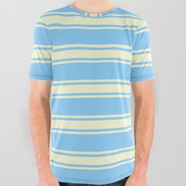 [ Thumbnail: Light Sky Blue and Light Yellow Colored Stripes Pattern All Over Graphic Tee ]