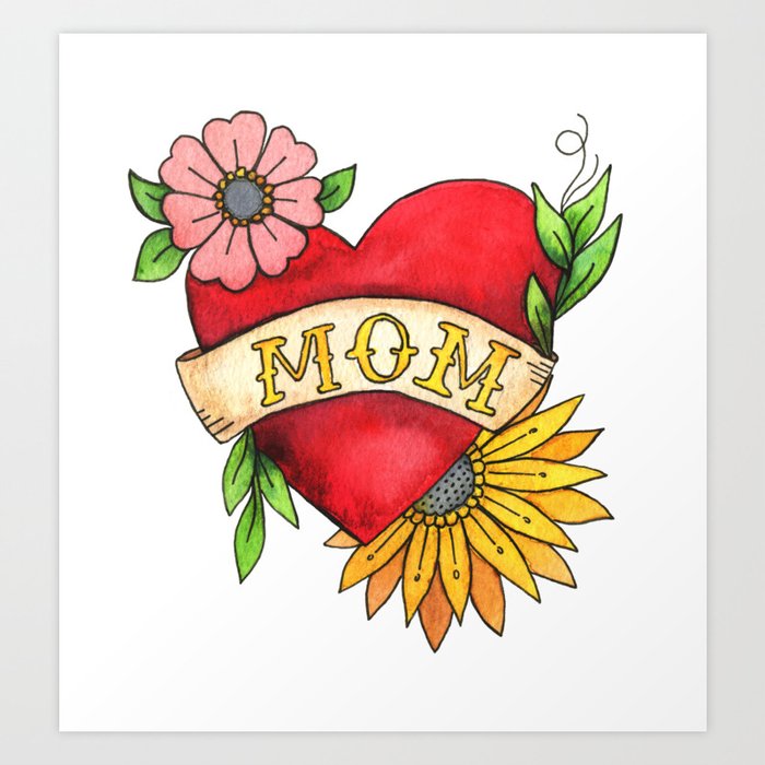 Mom Heart Tattoo Watecolor With Flowers Kunstdrucke Von Latheandquill Society6