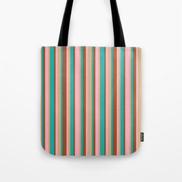 [ Thumbnail: Sienna, Light Sea Green, Tan & Light Pink Colored Stripes Pattern Tote Bag ]