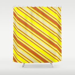 [ Thumbnail: Pale Goldenrod, Chocolate, and Yellow Colored Lined/Striped Pattern Shower Curtain ]