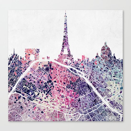 Paris Skyline + Map #1 Canvas Print