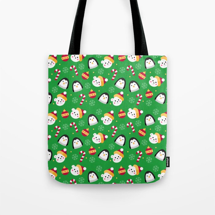 Christmas Pattern Snowman Penguin Candy Green Tote Bag