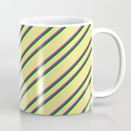 [ Thumbnail: Tan, Dark Orchid & Green Colored Lined/Striped Pattern Coffee Mug ]