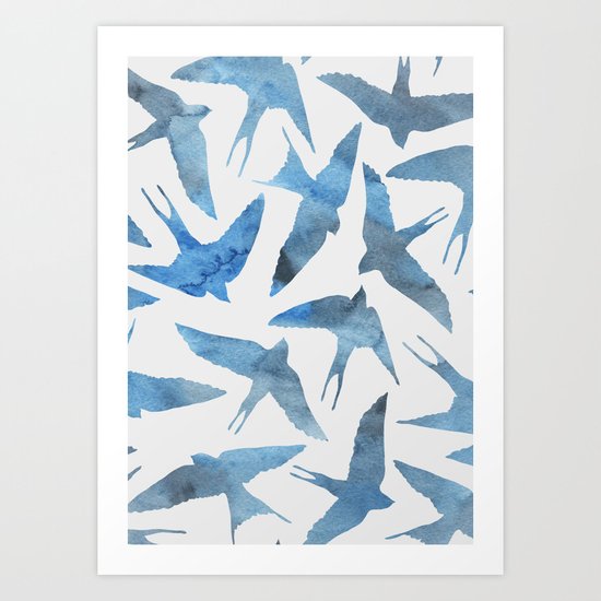 Watercolor blue birds Art Print