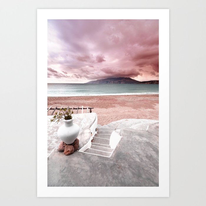 Greece, Beach View with Pink Clouds in Skyros island Art Print