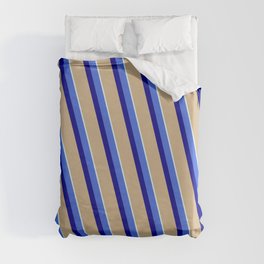 [ Thumbnail: Royal Blue, Dark Blue, Tan & Light Cyan Colored Stripes/Lines Pattern Duvet Cover ]