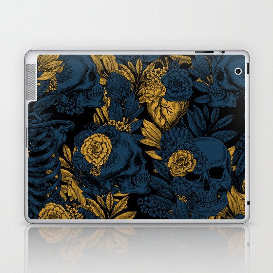 Skulls and Flowers Black Blue Yellow Gold Vintage Laptop & iPad Skin
