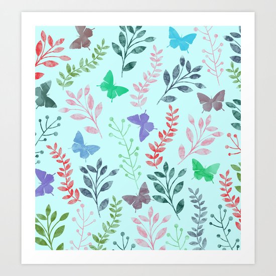 Watercolor flowers & butterflies II Art Print