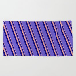 [ Thumbnail: Light Salmon, Blue, and Slate Blue Colored Stripes Pattern Beach Towel ]