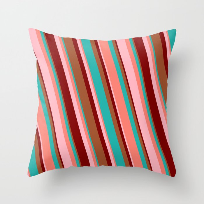 Eye-catching Sienna, Light Sea Green, Salmon, Light Pink, and Maroon Colored Striped Pattern Throw Pillow
