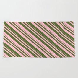 [ Thumbnail: Pink and Dark Olive Green Colored Lines/Stripes Pattern Beach Towel ]