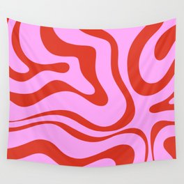 Modern Retro Liquid Swirl Abstract Pattern Square Red and Pink Wall Tapestry