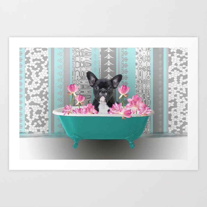 Turquoise Bathtub - French Bulldog Lotus Flower Art Print