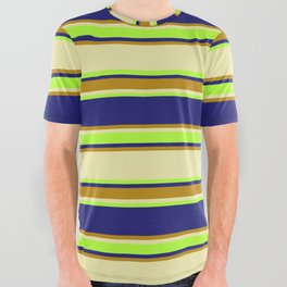 [ Thumbnail: Pale Goldenrod, Light Green, Midnight Blue & Dark Goldenrod Colored Lined/Striped Pattern All Over Graphic Tee ]