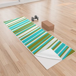 [ Thumbnail: Dark Turquoise, Mint Cream, and Green Colored Striped/Lined Pattern Yoga Towel ]