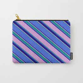 [ Thumbnail: Plum, Dark Cyan, Royal Blue, and Blue Colored Lined Pattern Carry-All Pouch ]