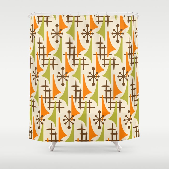 Retro Mid Century Modern Atomic Wing, Brown And Green Shower Curtain