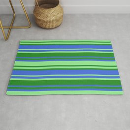 [ Thumbnail: Forest Green, Royal Blue & Light Green Colored Striped Pattern Rug ]