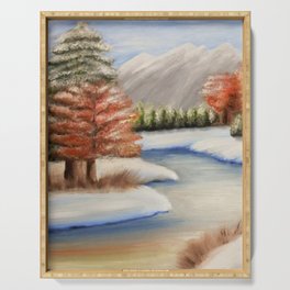 Winter snowing landscape, mountains, trees, river Serving Tray