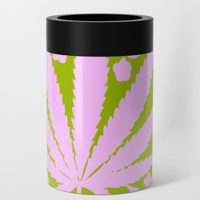 Retro Modern Cannabis And Flowers Pastel Pink On Green Can Cooler