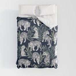 Nouveau white tigers // navy blue background green leaves silver lines white animals Duvet Cover