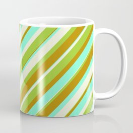 [ Thumbnail: Beige, Green, Dark Goldenrod, and Aquamarine Colored Striped/Lined Pattern Coffee Mug ]