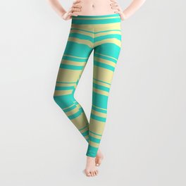 Turquoise & Pale Goldenrod Colored Stripes/Lines Pattern Leggings