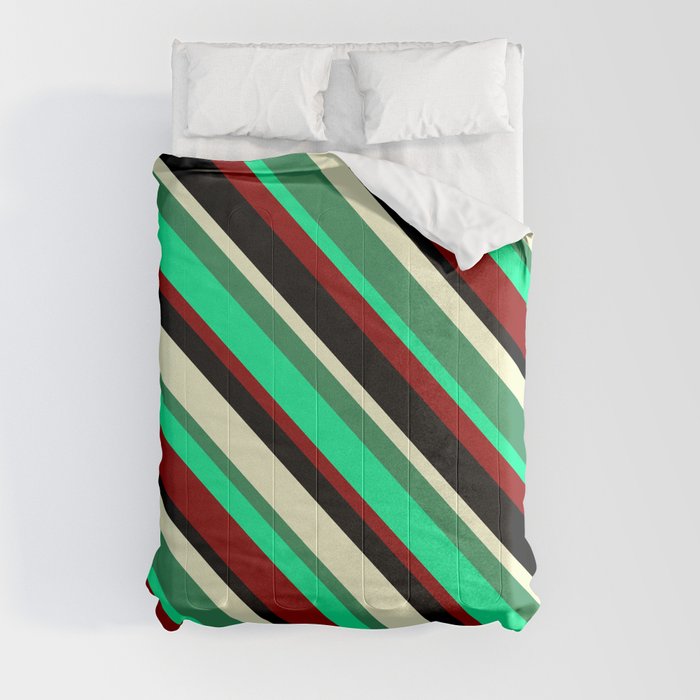 Green, Dark Red, Black, Light Yellow, and Sea Green Colored Striped Pattern Comforter