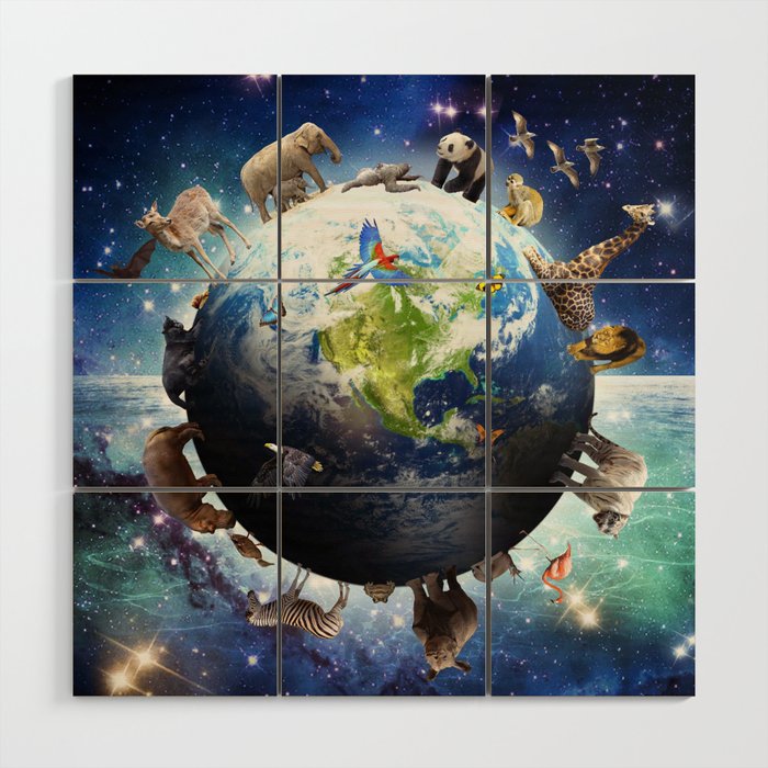 Space Earth Animal Animals Group Scene Wood Wall Art