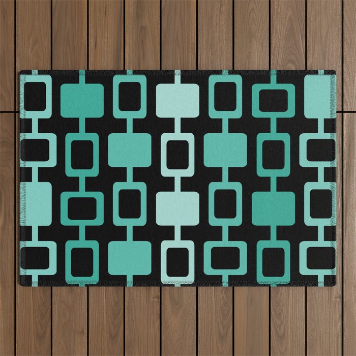 Mid Century Modern Square Columns Black Aquamarine Outdoor Rug