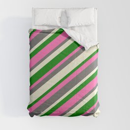 [ Thumbnail: Hot Pink, Dim Gray, Beige, and Green Colored Stripes Pattern Comforter ]
