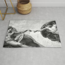 Black and White Creation of Adam Painting by Michelangelo Sistine Chapel Rug