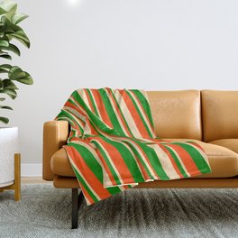 [ Thumbnail: Red, Tan, and Green Colored Striped Pattern Throw Blanket ]