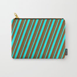 [ Thumbnail: Aqua and Brown Colored Lined/Striped Pattern Carry-All Pouch ]