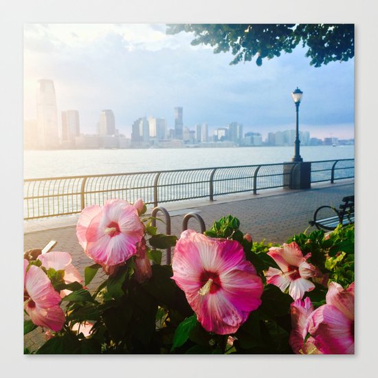 Battery Park New York City Skyline with Pink Hibiscus Flowers Canvas Print