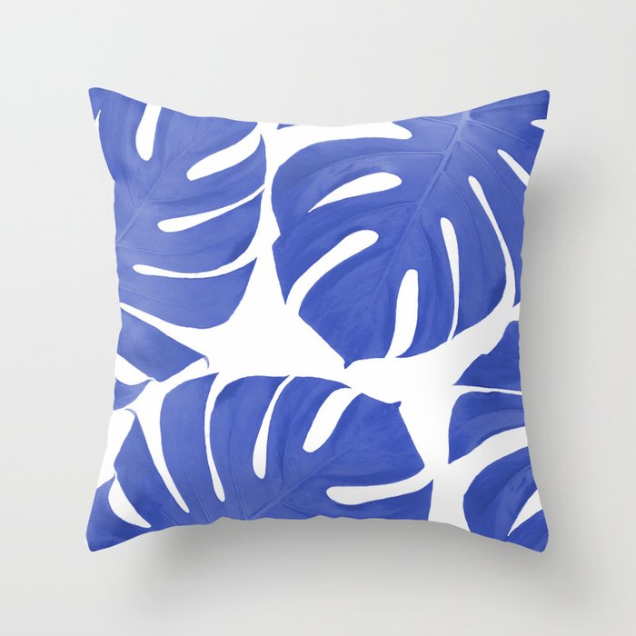 Blue Monstera Leaves White Background - Blue and White #decor #society6 #buyart Throw Pillow