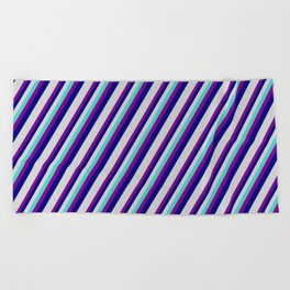 [ Thumbnail: Turquoise, Purple, Blue, and Light Grey Colored Striped/Lined Pattern Beach Towel ]