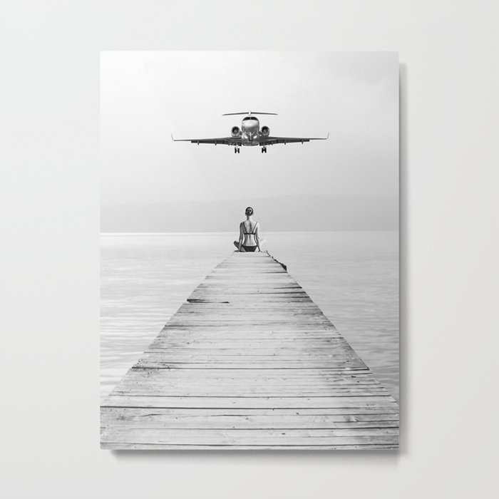 Steady As She Goes 6; aircraft coming in for an island landing female in bikini black and white photography - photographs - photograph Metal Print