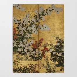White Red Chrysanthemums Floral Japanese Gold Screen Poster