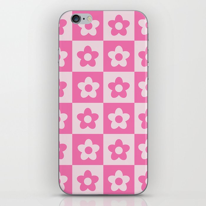 Hot Pink and White Retro Checkered Flower Pattern iPhone Skin
