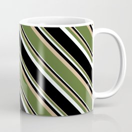 [ Thumbnail: Tan, Dark Olive Green, Mint Cream & Black Colored Stripes Pattern Coffee Mug ]