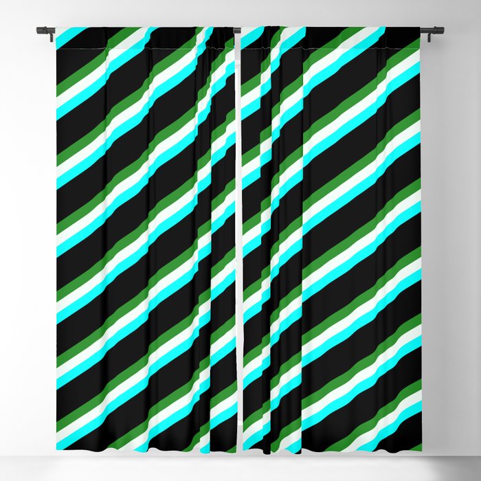 Forest Green, Mint Cream, Cyan & Black Colored Striped Pattern Blackout Curtain