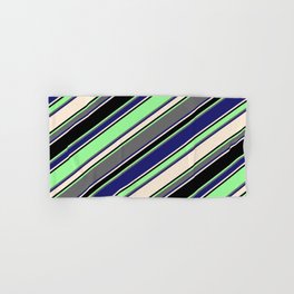 [ Thumbnail: Vibrant Green, Dim Grey, Midnight Blue, Beige & Black Colored Striped Pattern Hand & Bath Towel ]