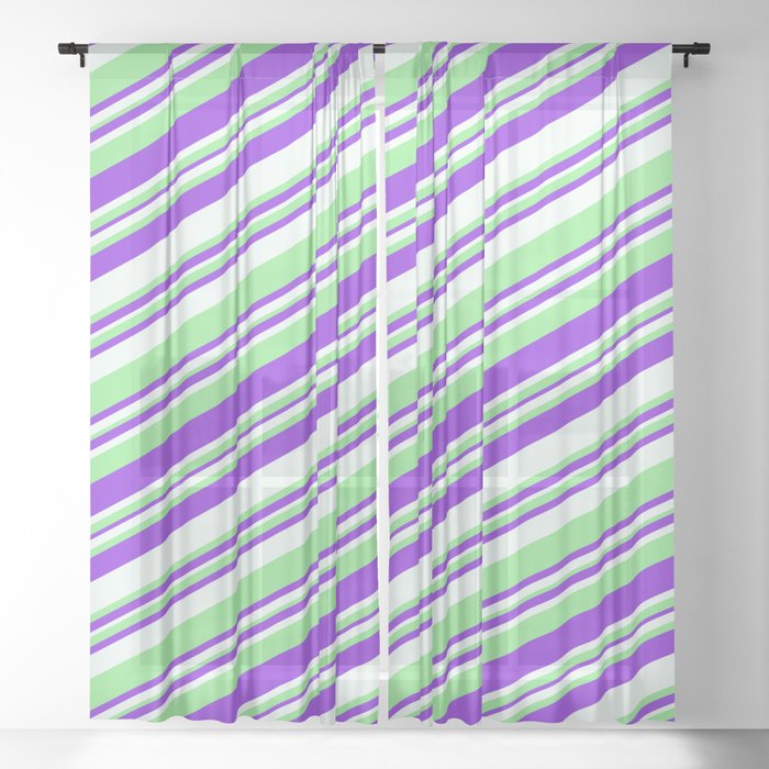 Purple, Mint Cream & Light Green Colored Striped Pattern Sheer Curtain