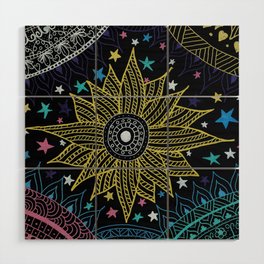 Pretty Gold Sun Mandala Doodles, Magical Galaxy & Cute Stars  Wood Wall Art