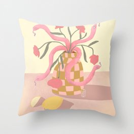 Trendy Retro Checkerd Flower Vase Stilllife with Snakes and Lemons  Throw Pillow